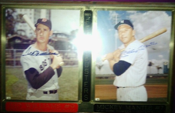 Wooden / plexiglass plaque with Mickey Mantle and Ted Williams photos and autographs